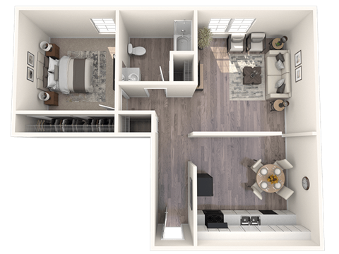Floor plan for 1 bed, 1 bath, 725 sqft